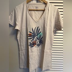 Women’s V Neck T-Shirt. Tan color with Key West design on front.